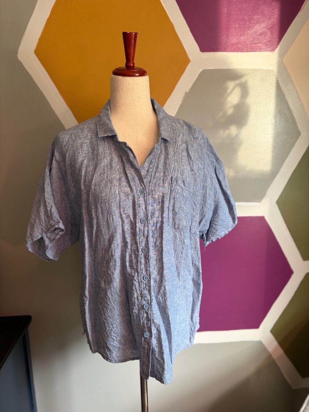 Garnet Hill 100% Linen Button Front Shirt Blue Short Sleeve Women’s Size 14